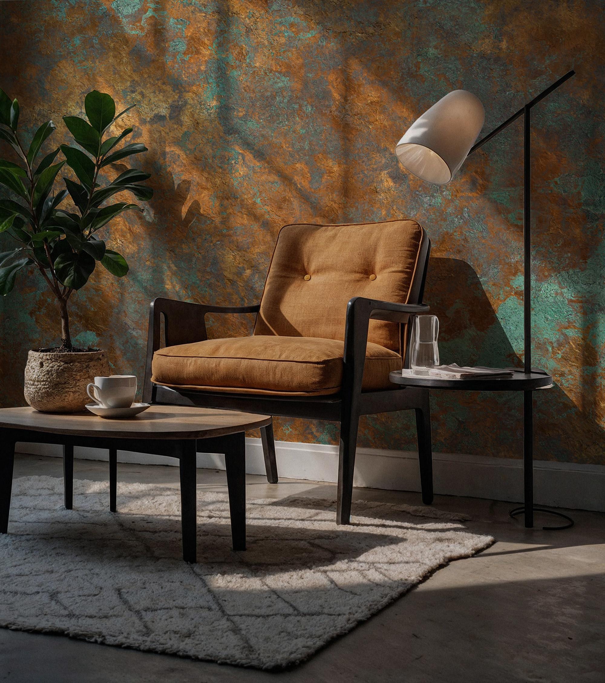 Rustic Copper Patina Peel and Stick Wallpaper, Aged Metal Texture Wall Mural - View 5