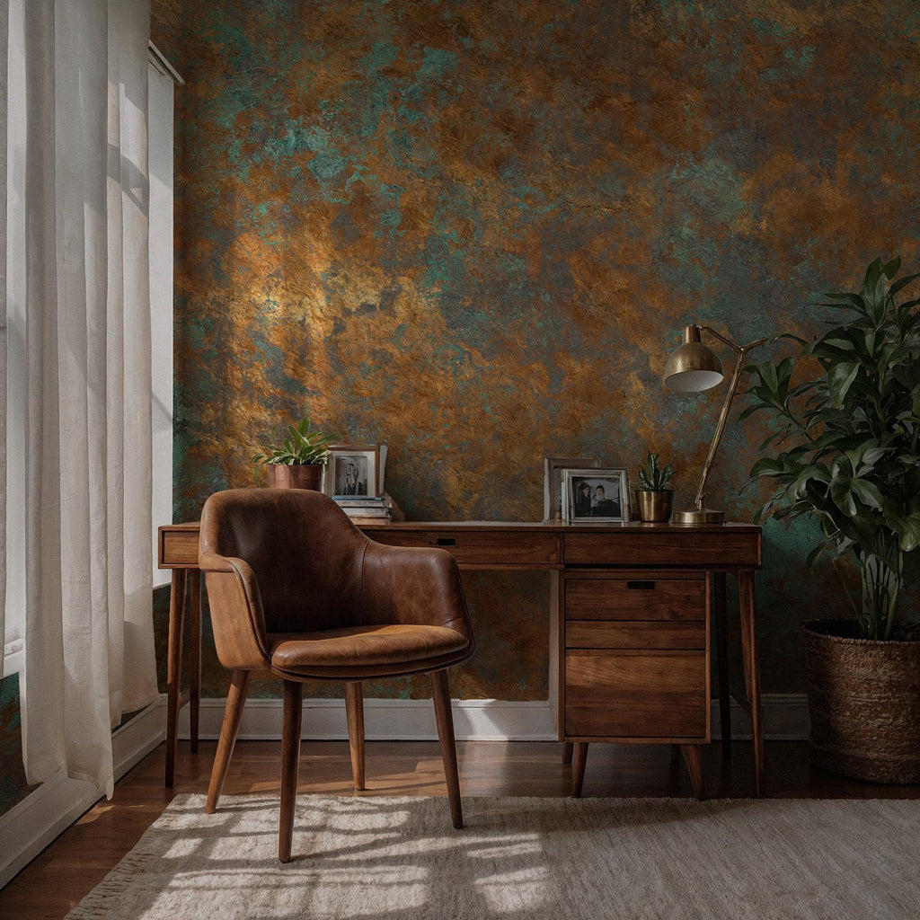 Rustic Copper Patina Peel and Stick Wallpaper, Aged Metal Texture Wall Mural