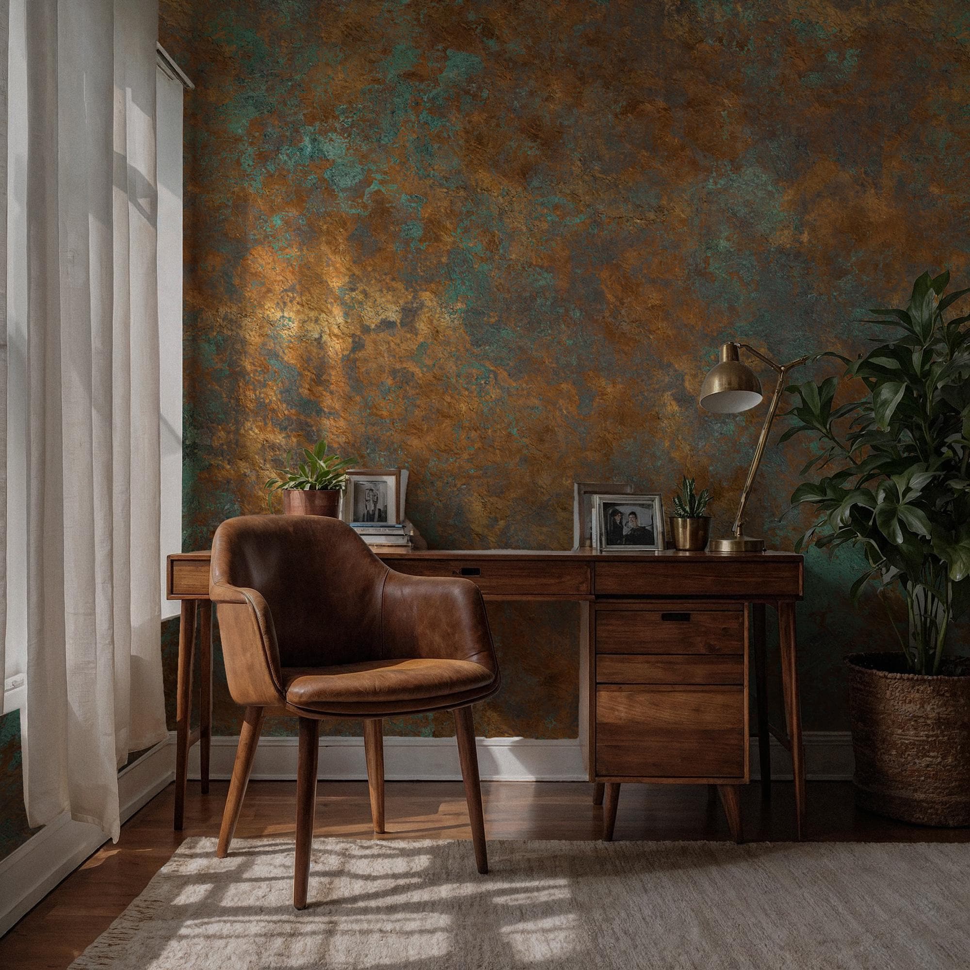 Rustic Copper Patina Peel and Stick Wallpaper, Aged Metal Texture Wall Mural