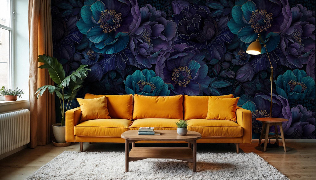 Deep Teal & Purple Floral Wallpaper: Dark Moody Botanical Peel and Stick Wall Mural - View 5