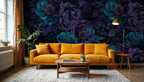 Deep Teal & Purple Floral Wallpaper: Dark Moody Botanical Peel and Stick Wall Mural - View 5