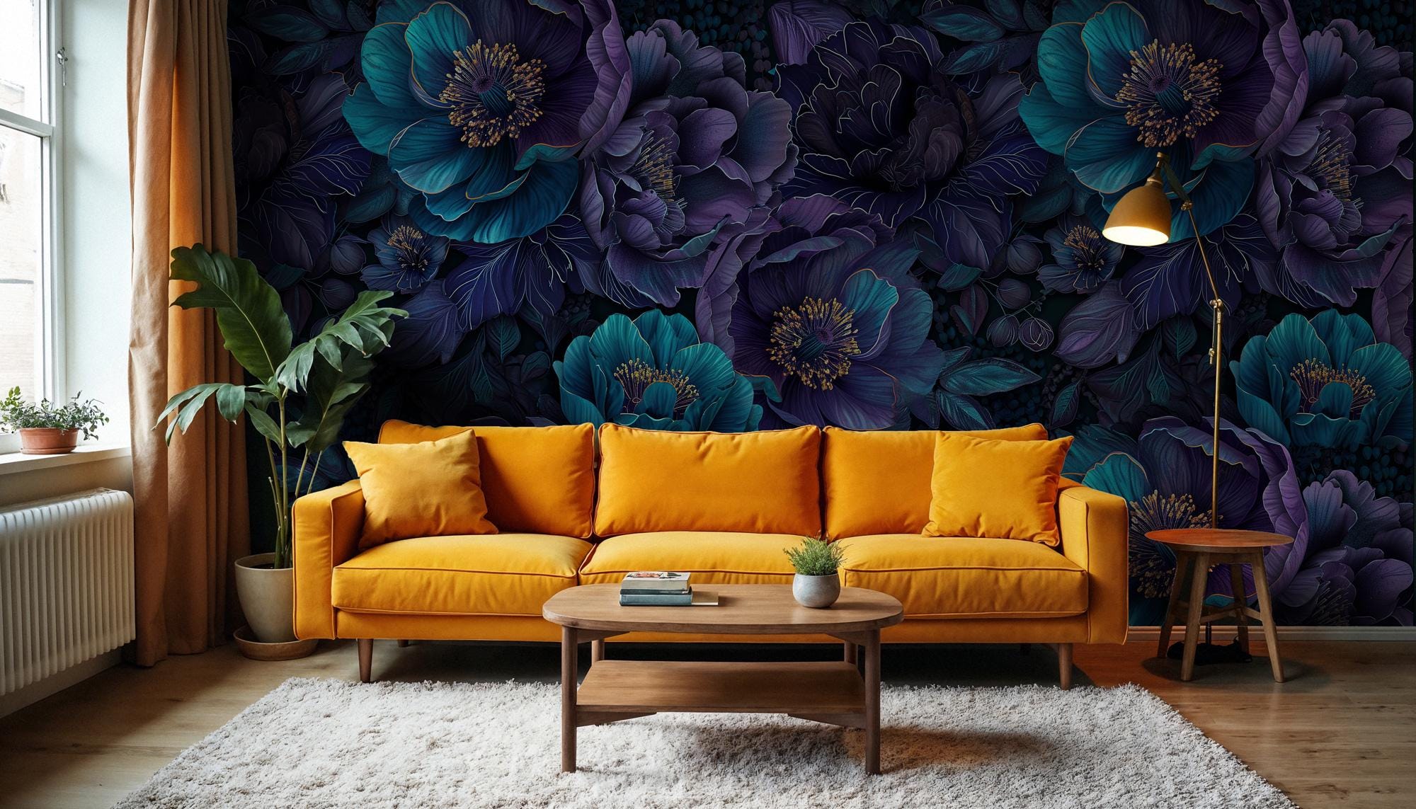 Deep Teal & Purple Floral Wallpaper: Dark Moody Botanical Peel and Stick Wall Mural - View 5