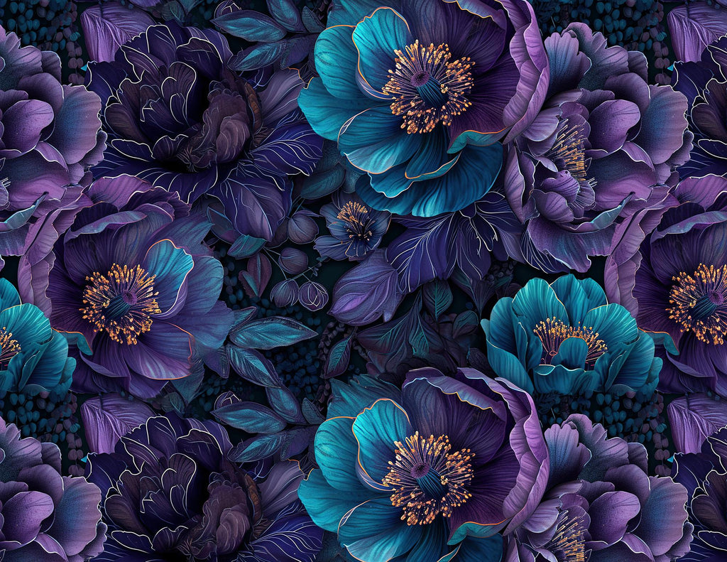 Deep Teal & Purple Floral Wallpaper: Dark Moody Botanical Peel and Stick Wall Mural - View 6
