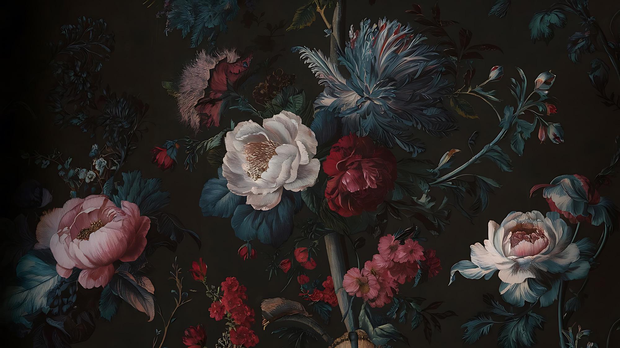 Dark Floral Mural Peel and Stick Wallpaper: Vintage Peony & Rose Botanical Wall Mural - View 6