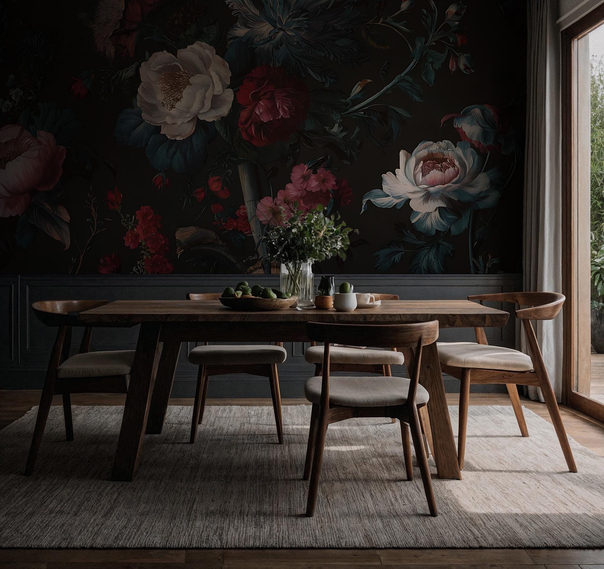Dark Floral Mural Peel and Stick Wallpaper: Vintage Peony & Rose Botanical Wall Mural - View 5