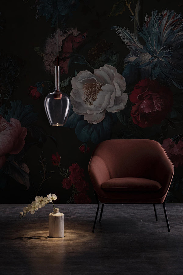 Dark Floral Mural Peel and Stick Wallpaper: Vintage Peony & Rose Botanical Wall Mural