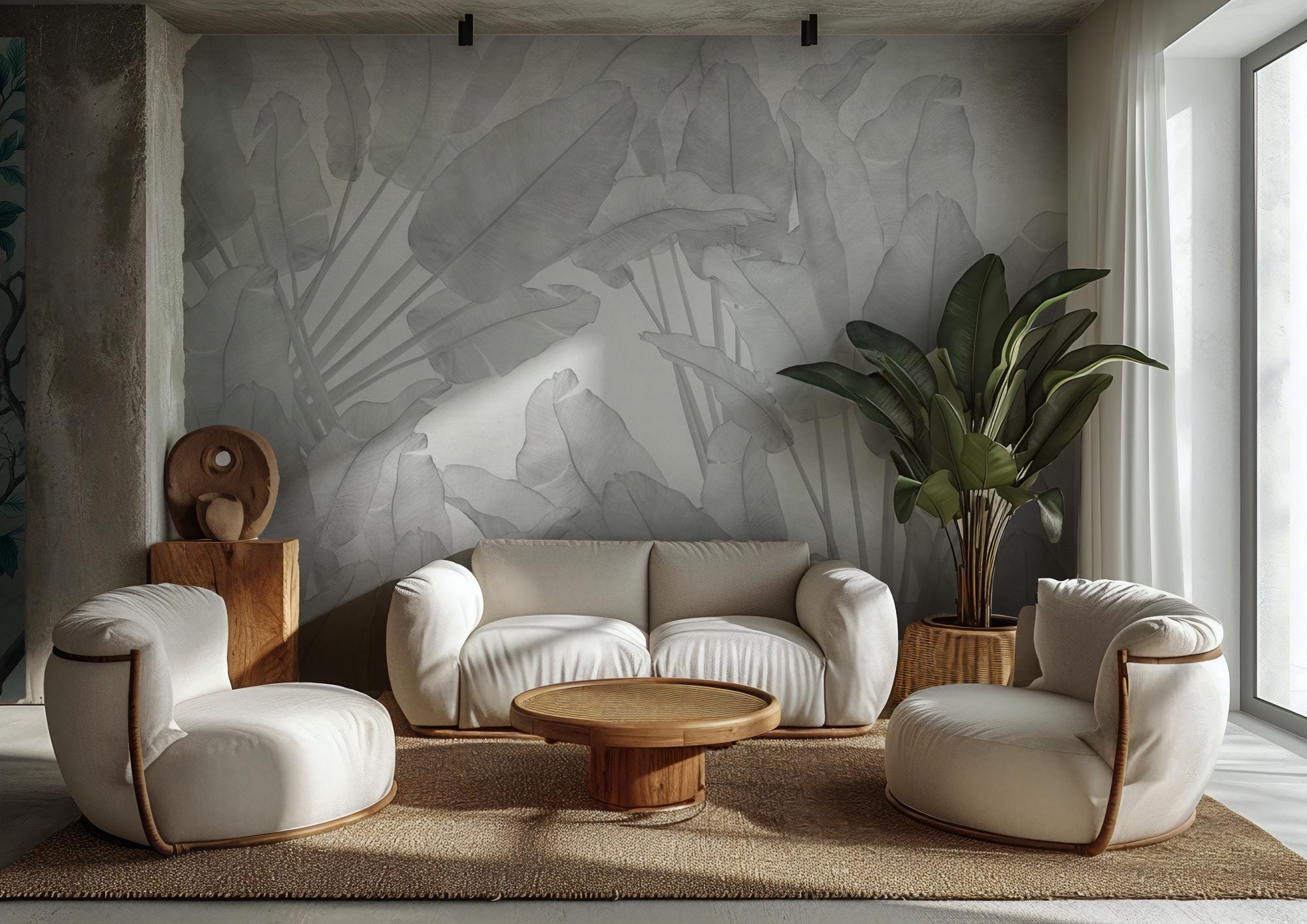 Big Tropical Leaf Wallpaper, Gray Floral Wall Mural, Peel & Stick - View 4