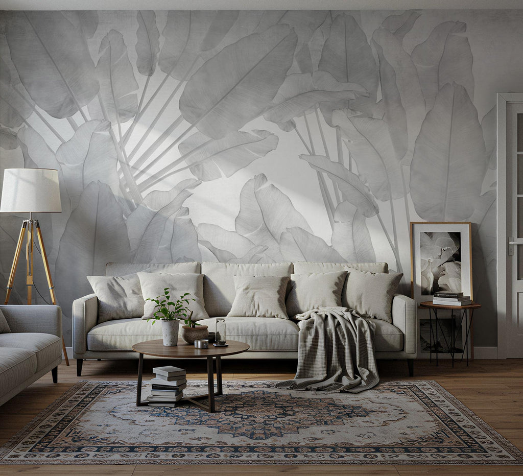 Big Tropical Leaf Wallpaper, Gray Floral Wall Mural, Peel & Stick