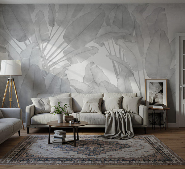 Big Tropical Leaf Wallpaper, Gray Floral Wall Mural, Peel & Stick