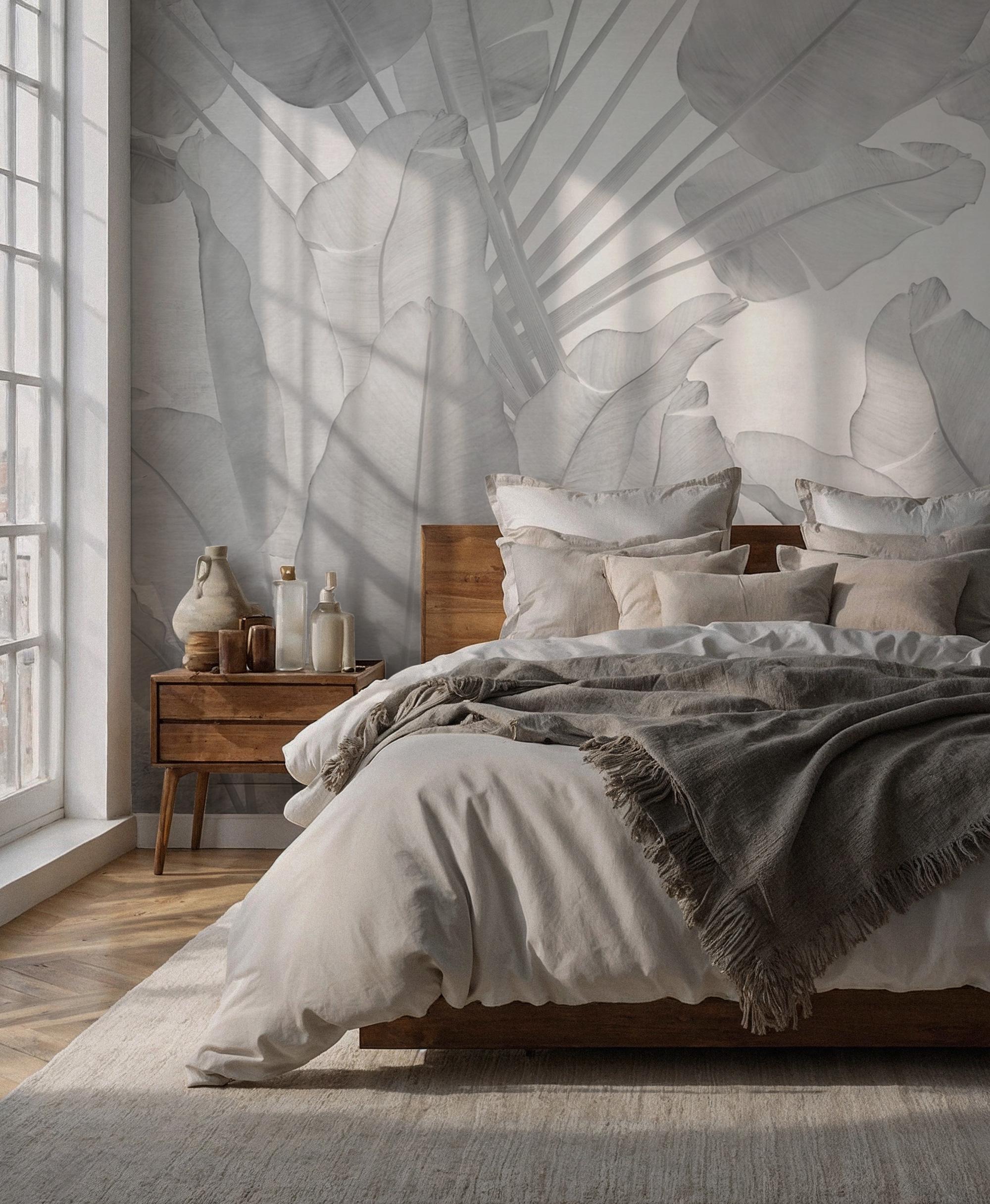 Big Tropical Leaf Wallpaper, Gray Floral Wall Mural, Peel & Stick - View 3