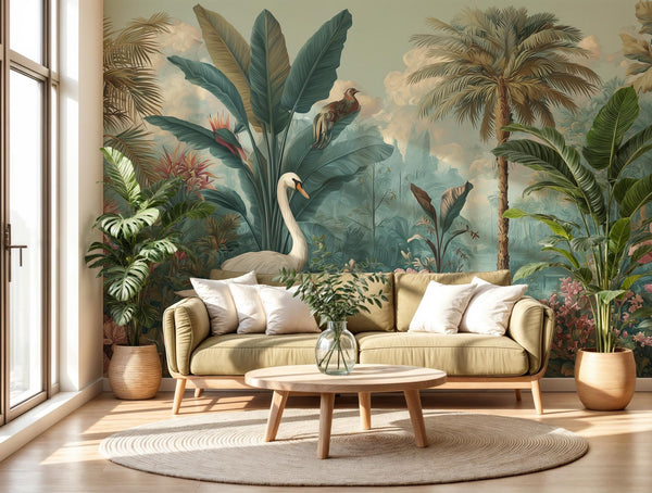 Tropical Swan and Palm Tree Wallpaper: Custom Size Peel and Stick Botanical Wall Mural