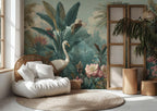 Tropical Swan and Palm Tree Wallpaper: Custom Size Peel and Stick Botanical Wall Mural - View 3