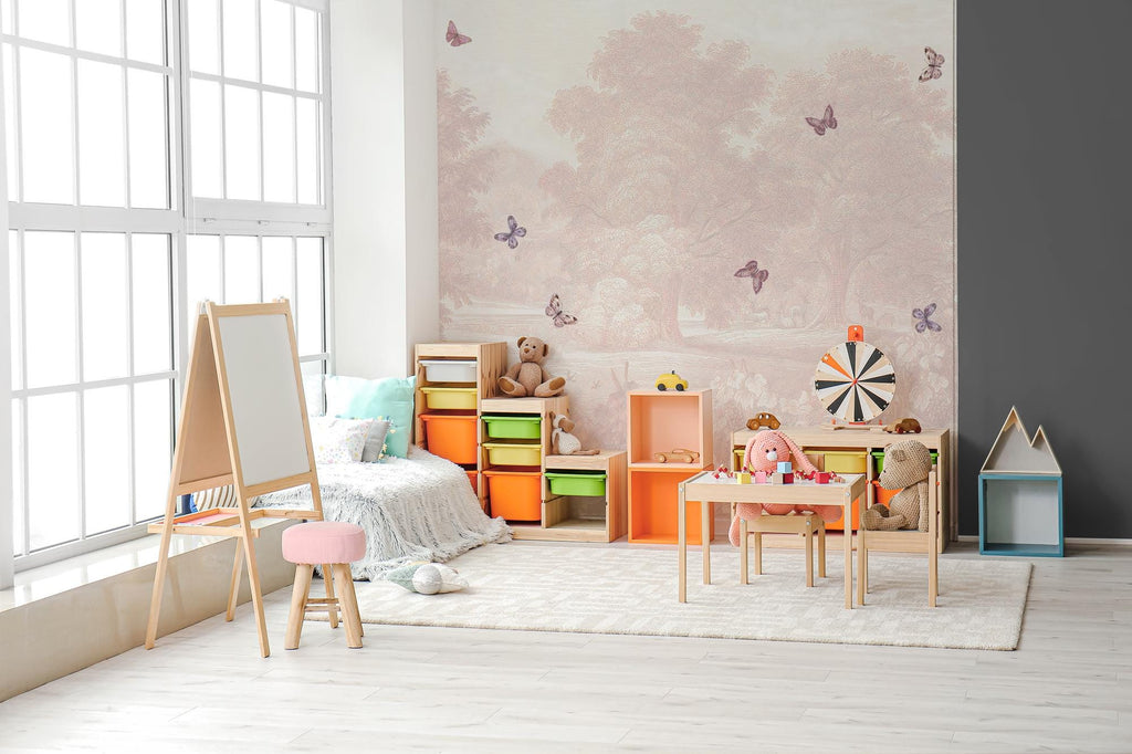 Pastel Butterfly Nursery Mural: Soft Pink Scenic Wallpaper - View 7