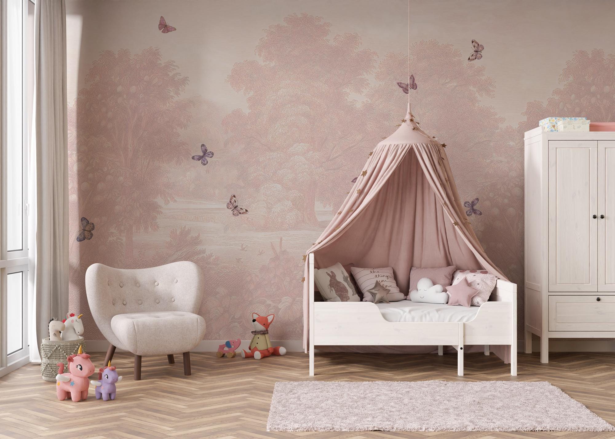Pastel Butterfly Nursery Mural: Soft Pink Scenic Wallpaper - View 6