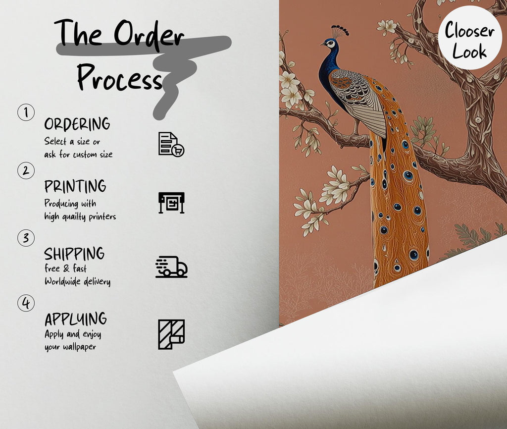 Chinoiserie Peacock Wallpaper: Terracotta Floral Peel and Stick Mural - View 5