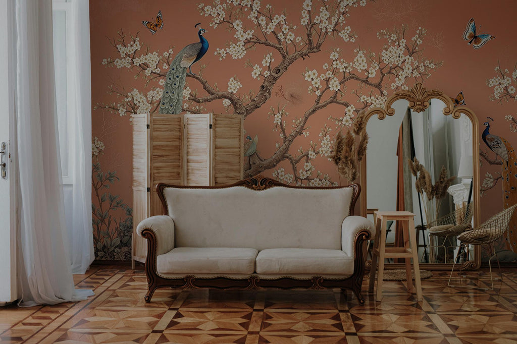 Chinoiserie Peacock Wallpaper: Terracotta Floral Peel and Stick Mural - View 3