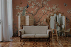 Chinoiserie Peacock Wallpaper: Terracotta Floral Peel and Stick Mural - View 3