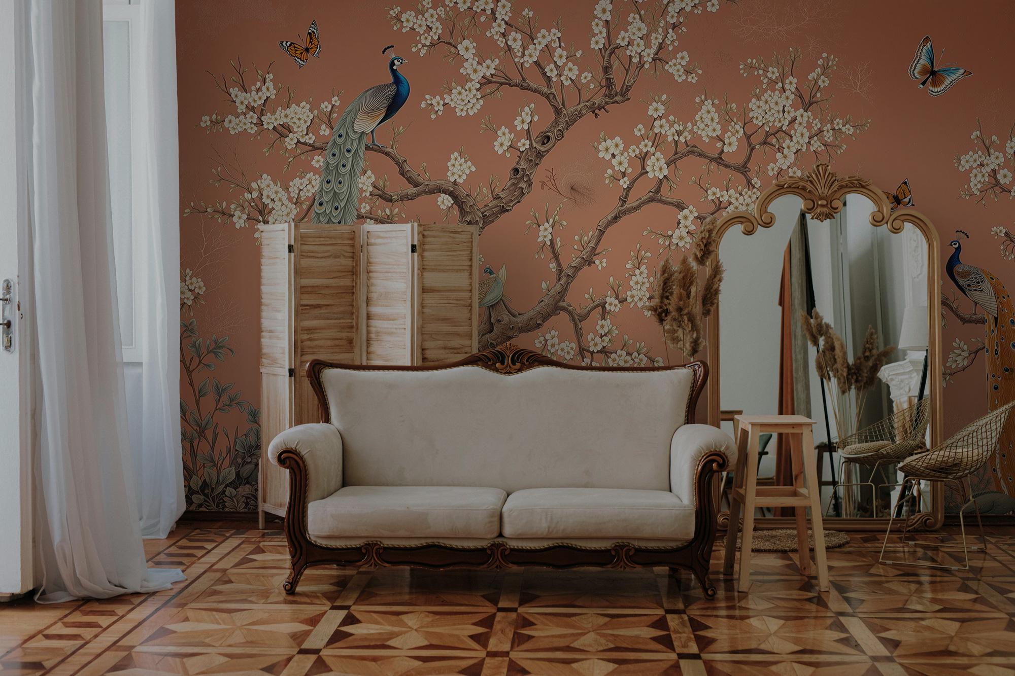 Chinoiserie Peacock Wallpaper: Terracotta Floral Peel and Stick Mural - View 3