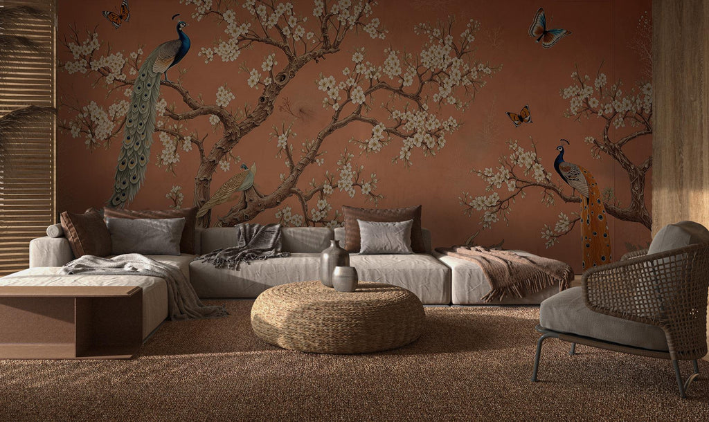 Chinoiserie Peacock Wallpaper: Terracotta Floral Peel and Stick Mural - View 4
