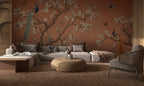 Chinoiserie Peacock Wallpaper: Terracotta Floral Peel and Stick Mural - View 4