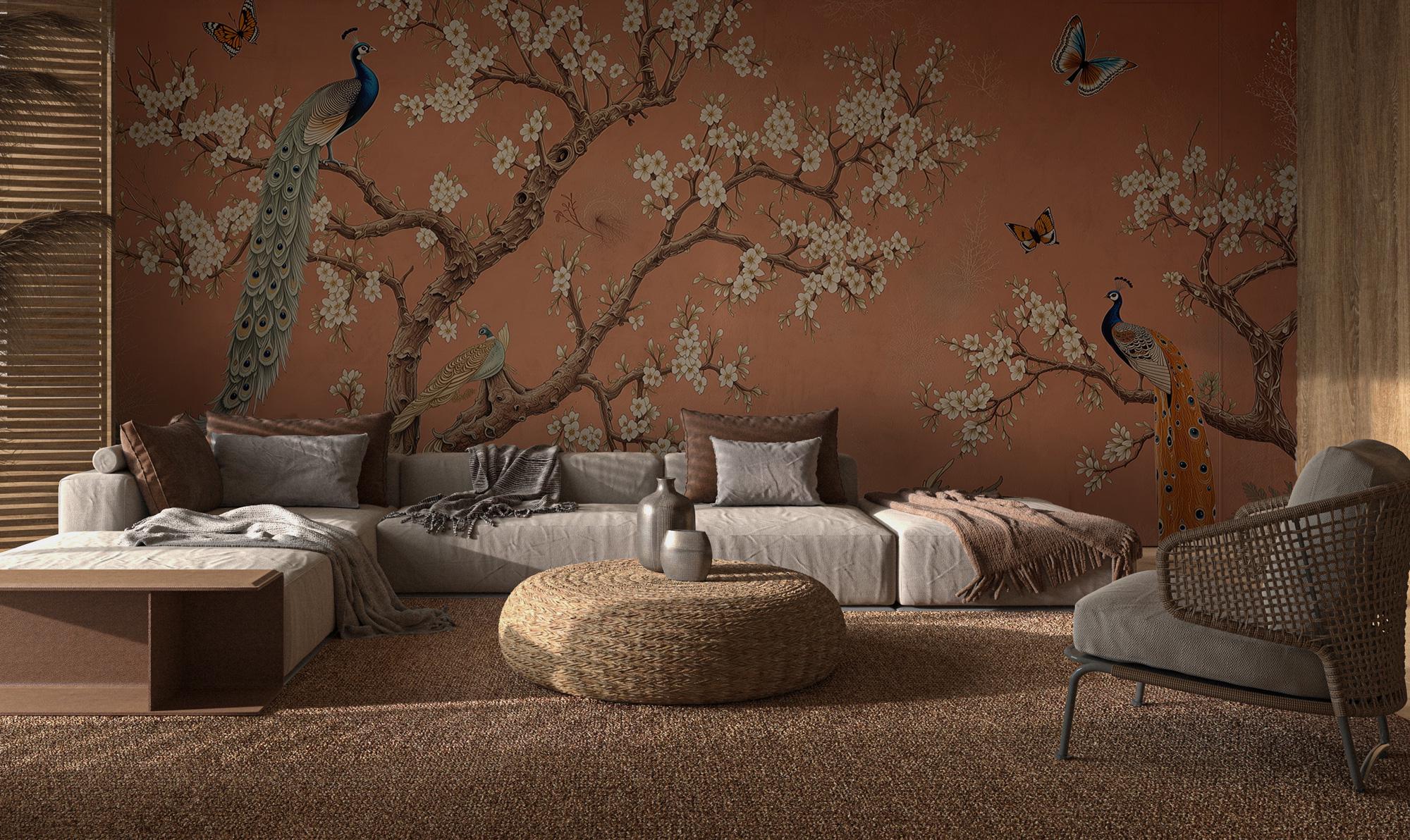 Chinoiserie Peacock Wallpaper: Terracotta Floral Peel and Stick Mural - View 4
