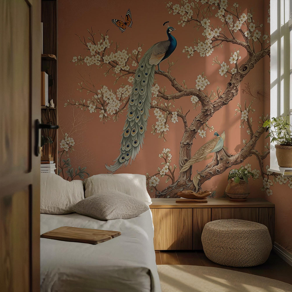 Chinoiserie Peacock Wallpaper: Terracotta Floral Peel and Stick Mural - View 2