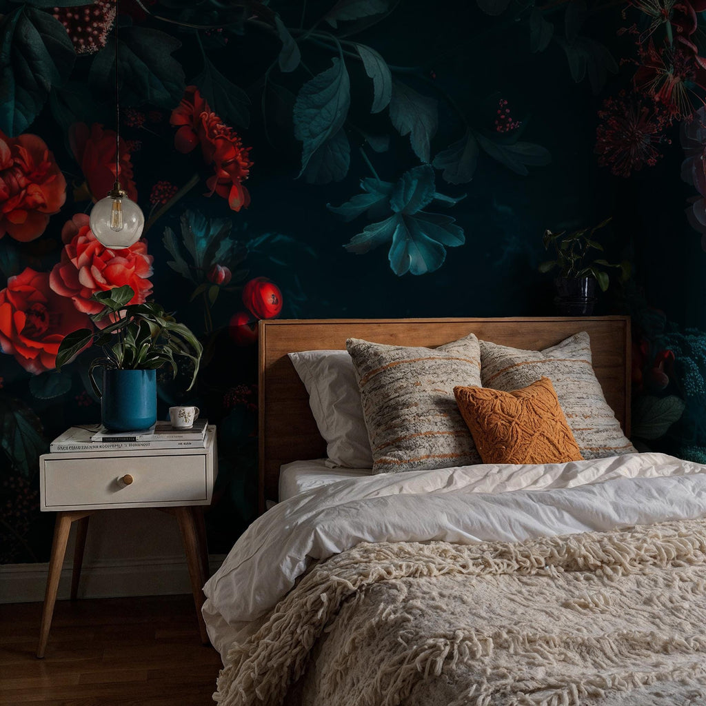 Dark Floral Wallpaper: Moody Peony Dahlia Botanical Wall Art (Peel and Stick) - View 2