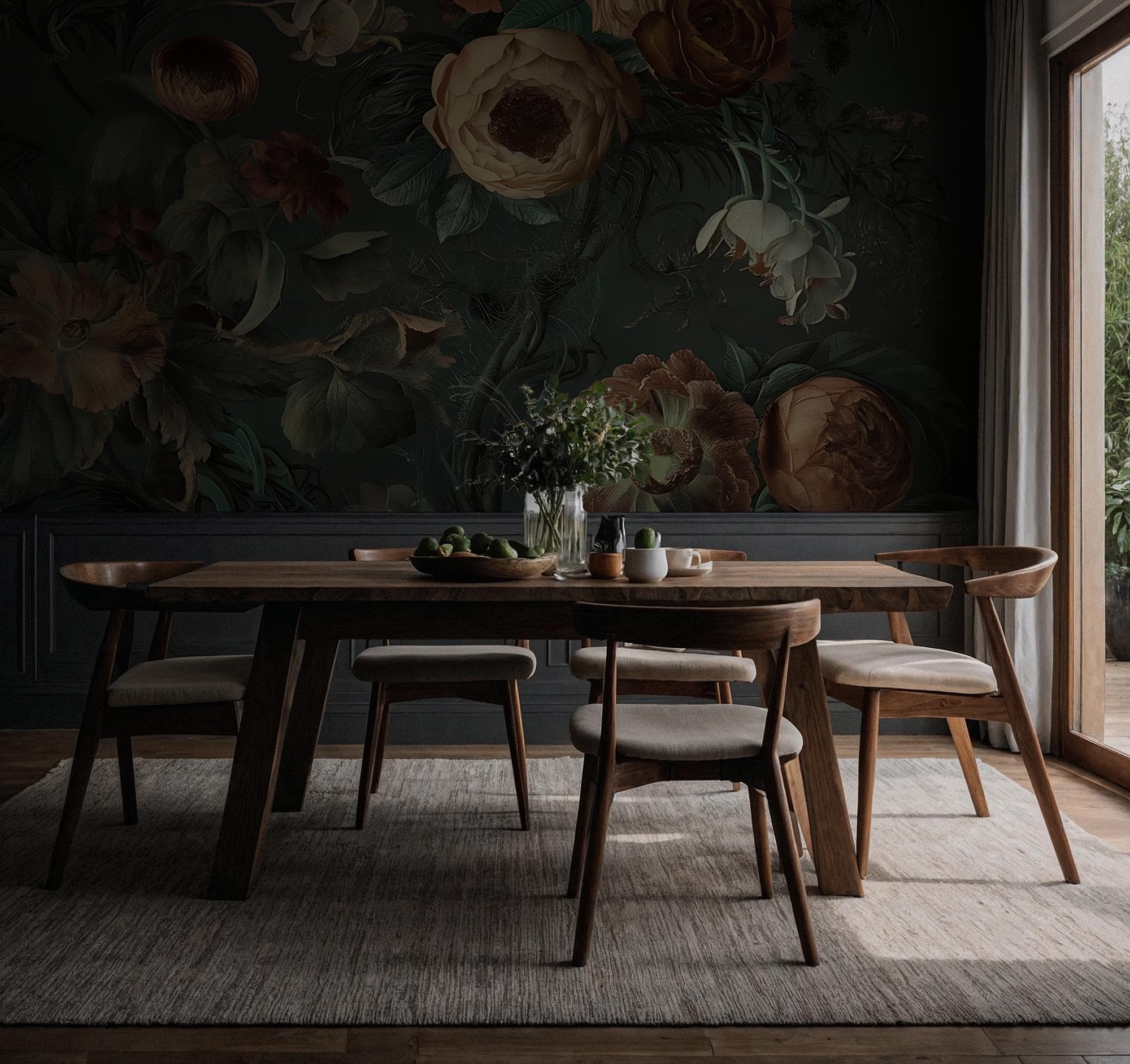 Vintage Peony and Rose Mural – Dark Floral Peel and Stick Wallpaper - View 3