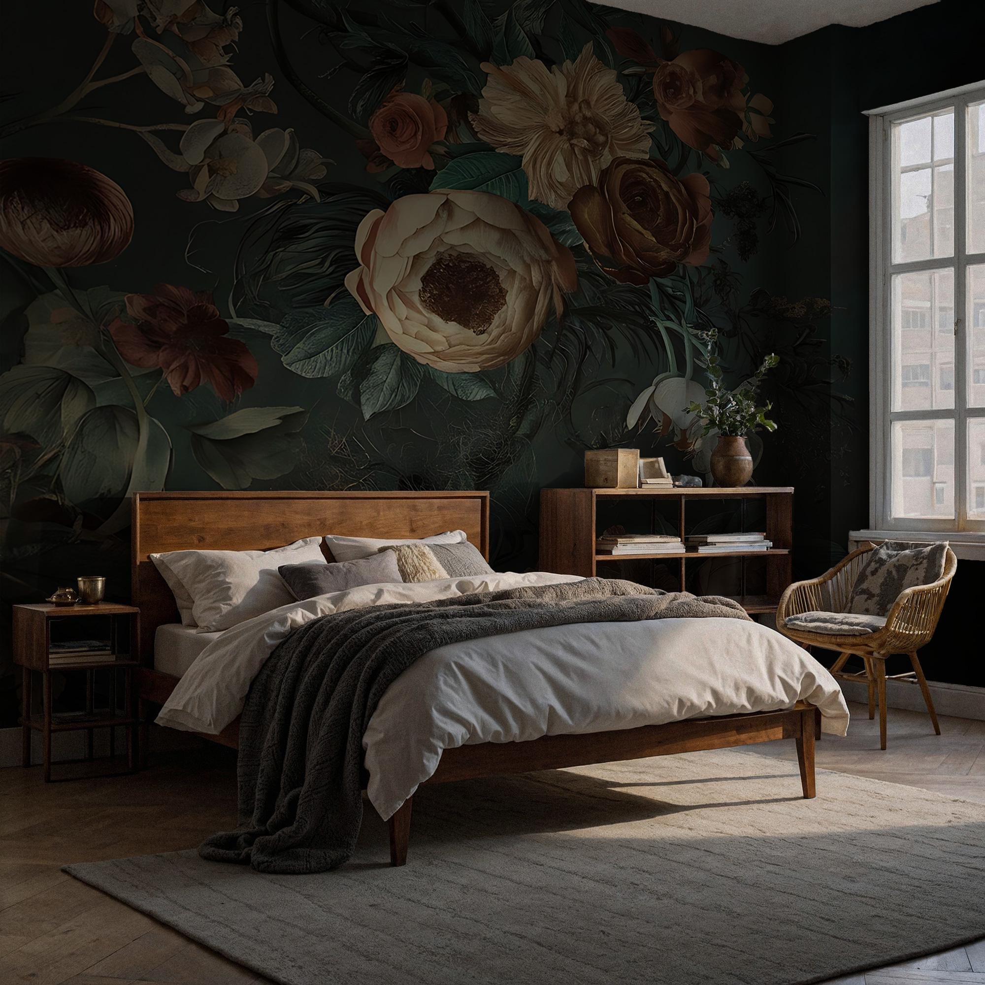 Vintage Peony and Rose Mural – Dark Floral Peel and Stick Wallpaper