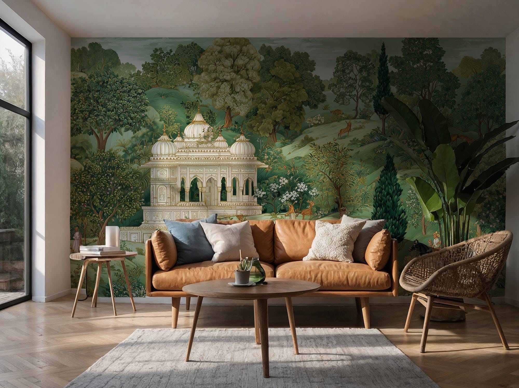Indian Palace Jungle Mural – Botanical Temple Peel and Stick Wallpaper - View 3