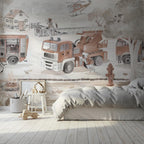 Neutral Firefighter Trucks Kids Wallpaper Mural – Watercolor Fire Station Theme Wall Art