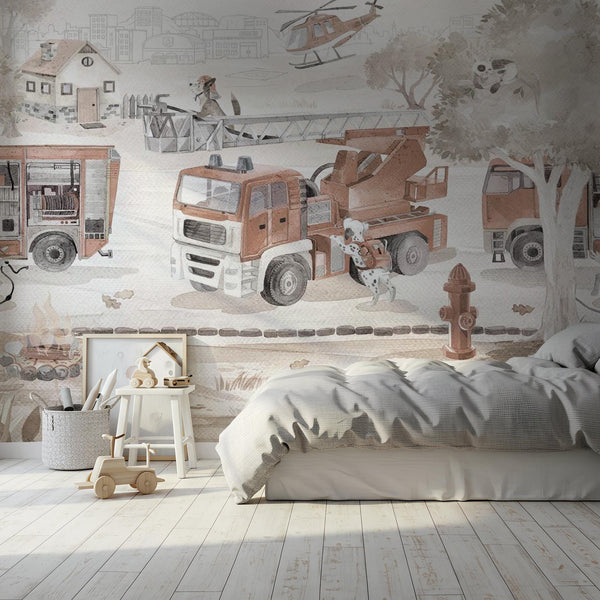 Neutral Firefighter Trucks Kids Wallpaper Mural – Watercolor Fire Station Theme Wall Art
