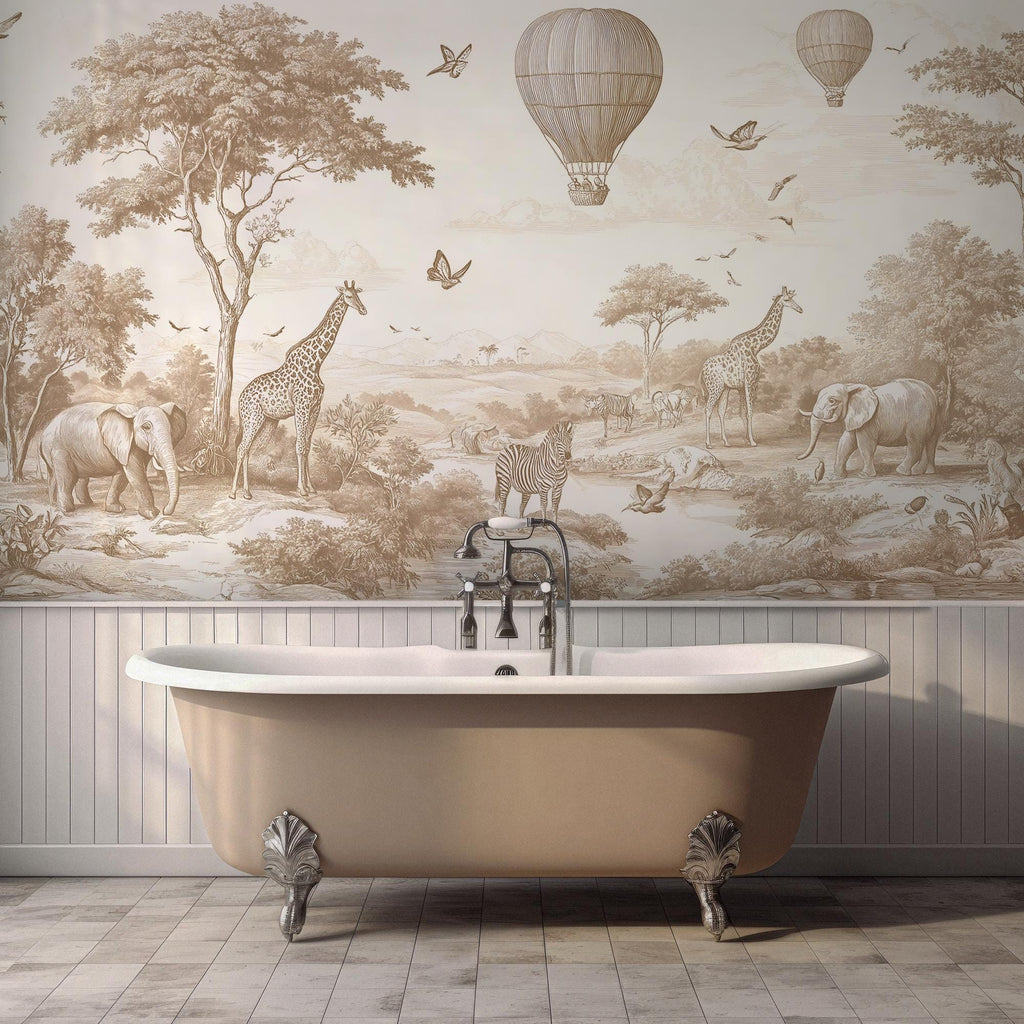 Brown & Ivory Safari Toile Peel and Stick Wallpaper Mural - Custom Size - View 2
