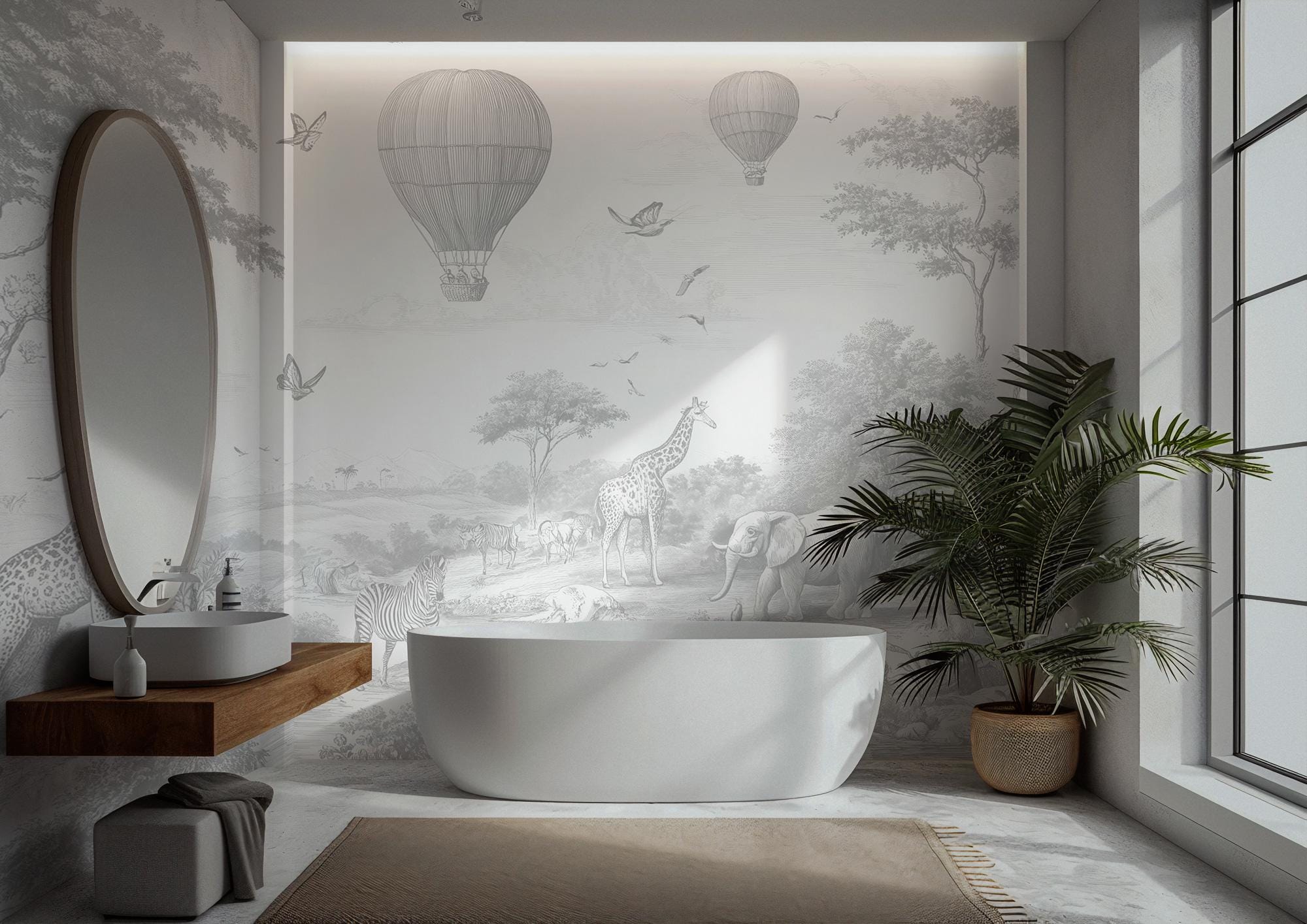 Gray & Ivory Safari Toile Peel and Stick Wallpaper Mural - Custom Size - View 2