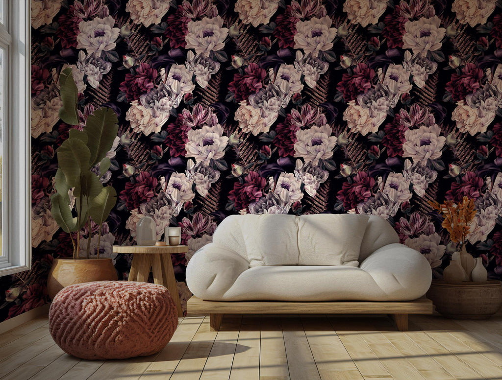 Elegant Burgundy Peony Wallpaper: Vintage Dark Floral Peel and Stick Wall Mural - View 3