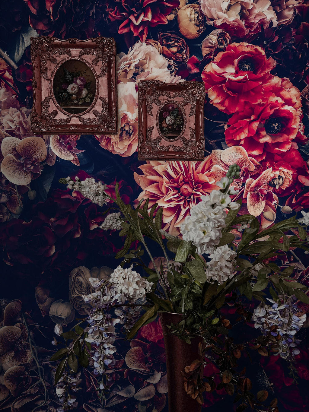 Dark Vintage Peony Wall Mural: Moody Burgundy Floral Peel and Stick Wallpaper - View 2
