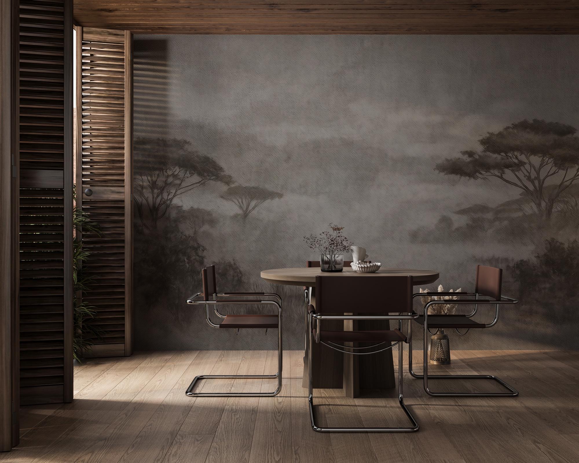 Misty Forest Wallpaper: Sepia Nature Scene, Peel and Stick Wall Mural - View 3