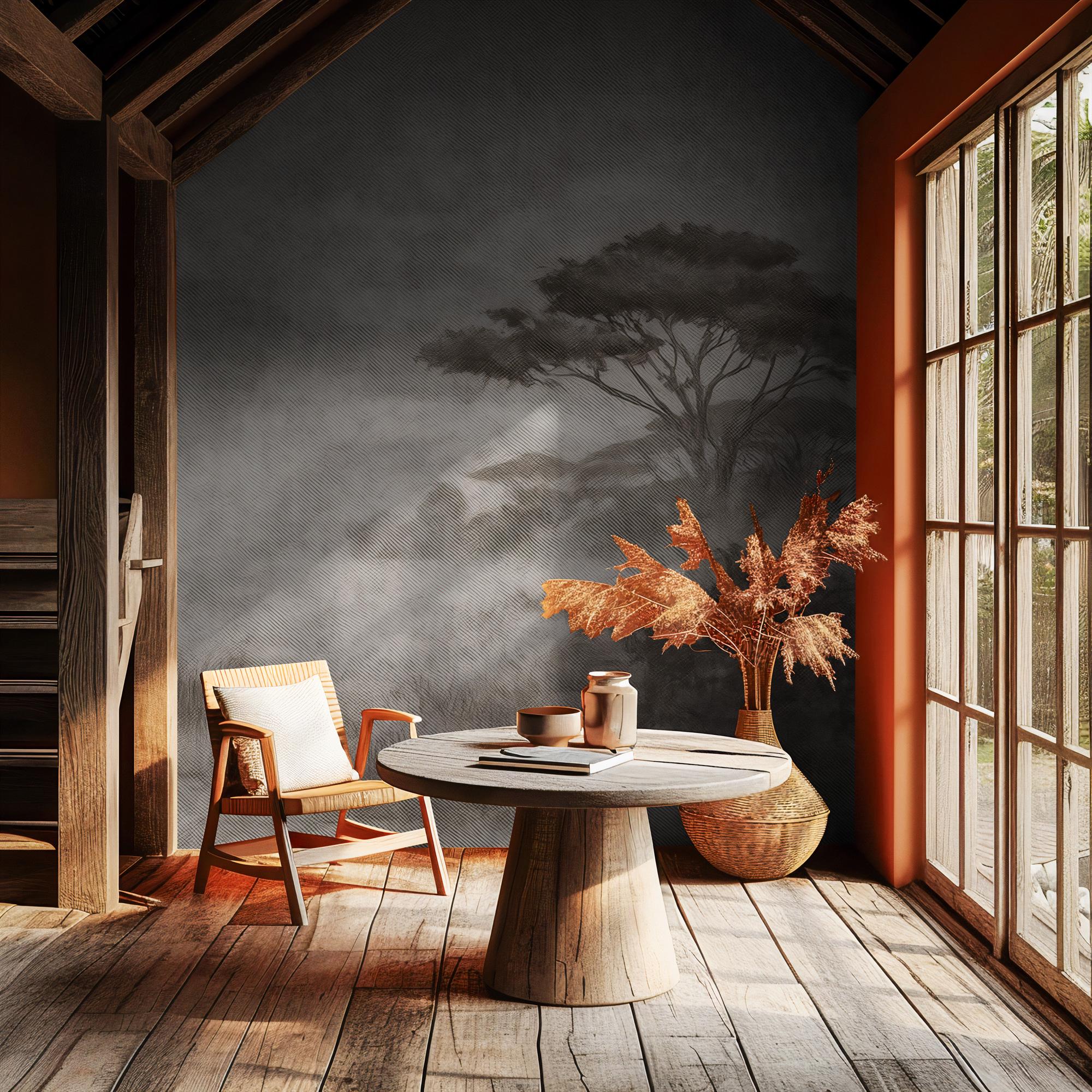 Misty Forest Wallpaper: Sepia Nature Scene, Peel and Stick Wall Mural - View 2