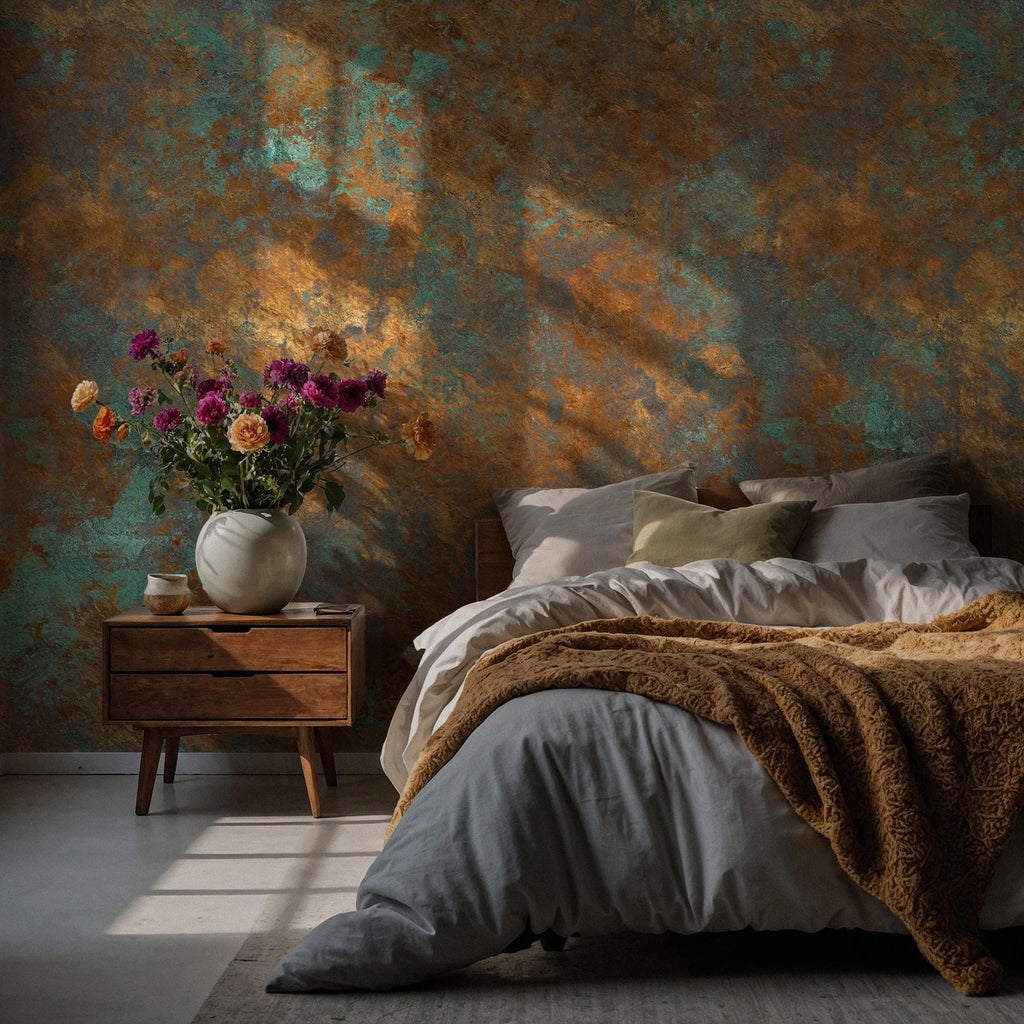Rustic Copper Patina Peel and Stick Wallpaper, Aged Metal Texture Wall Mural - View 3