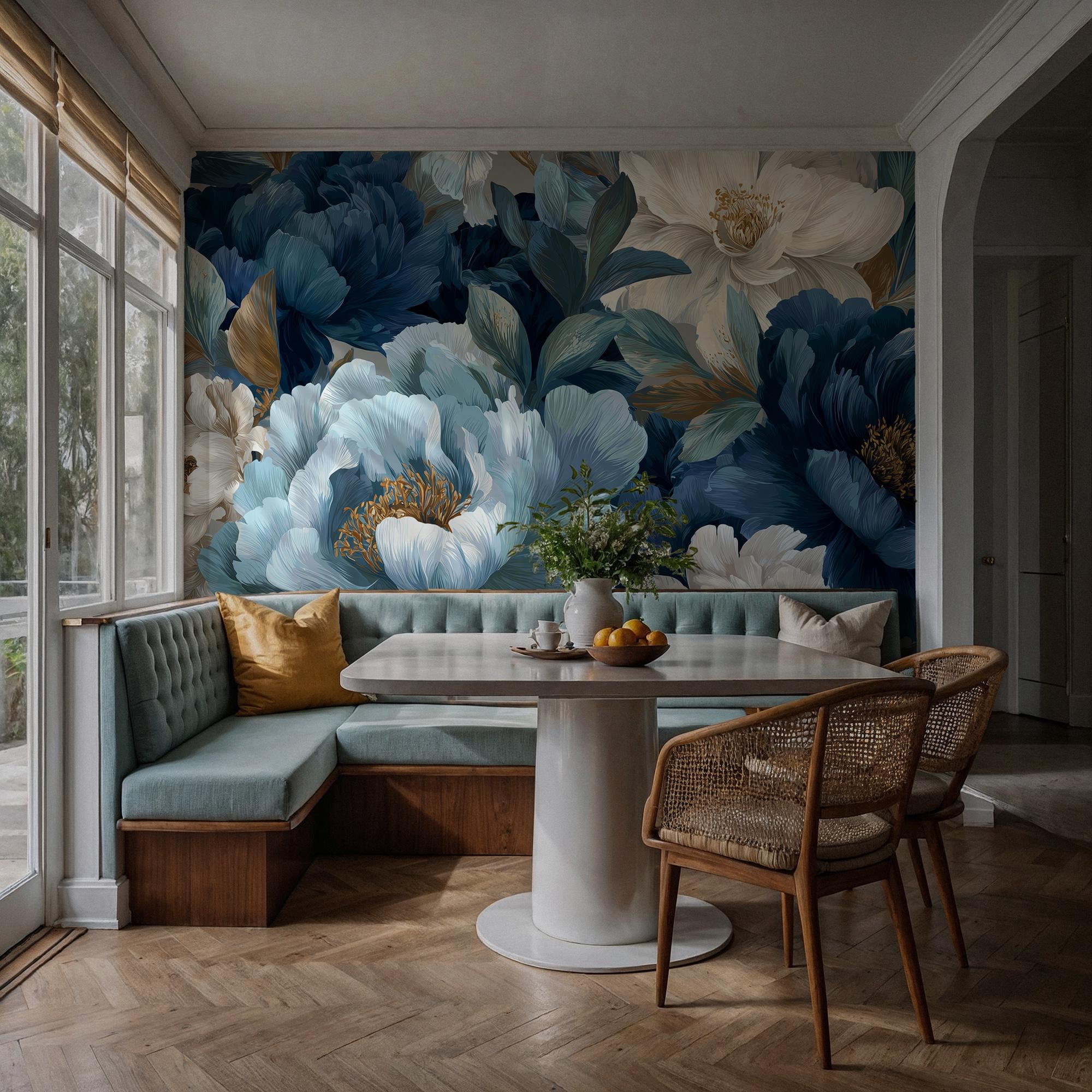 Blue and Beige Peony Blossom Wallpaper | Luxury Botanical Wall Mural | Modern Floral Wall Decor - View 3
