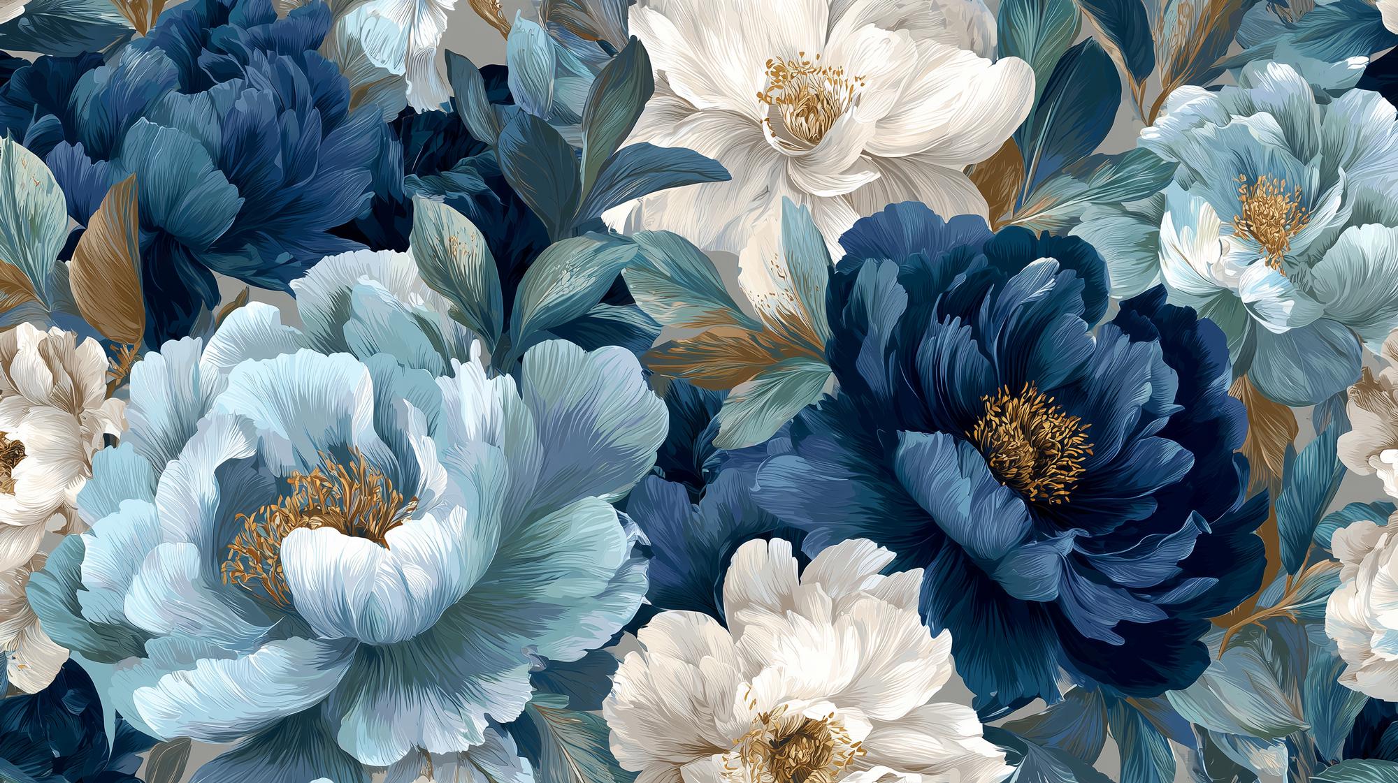 Blue and Beige Peony Blossom Wallpaper | Luxury Botanical Wall Mural | Modern Floral Wall Decor - View 5