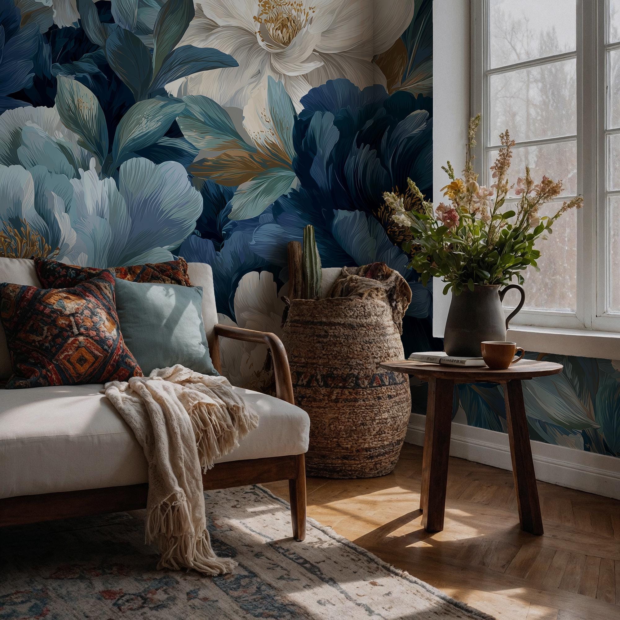 Blue and Beige Peony Blossom Wallpaper | Luxury Botanical Wall Mural | Modern Floral Wall Decor - View 2