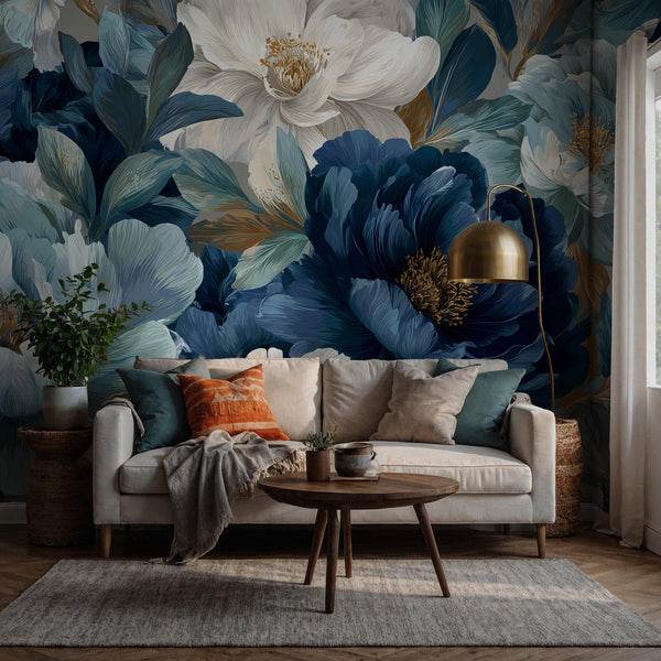 Blue and Beige Peony Blossom Wallpaper | Luxury Botanical Wall Mural | Modern Floral Wall Decor