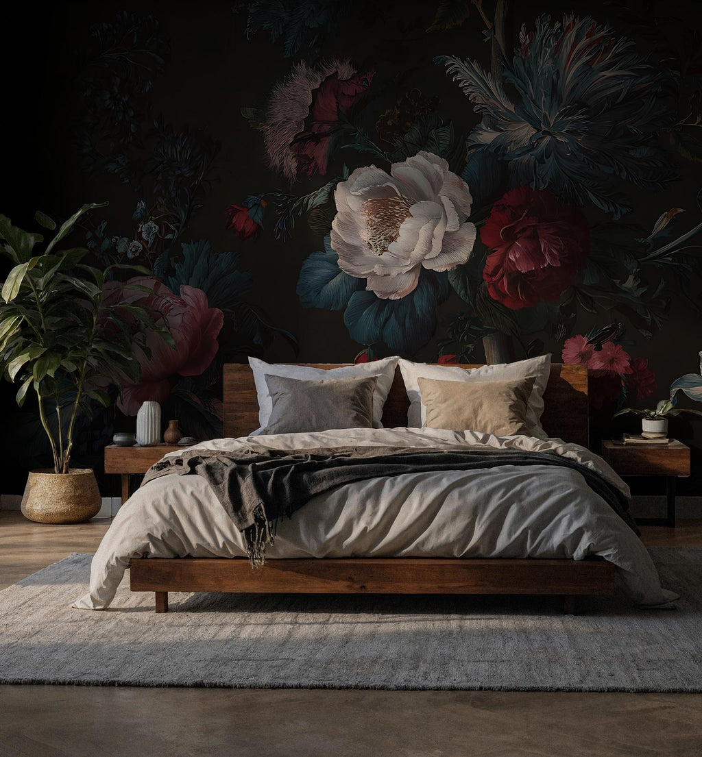 Dark Floral Mural Peel and Stick Wallpaper: Vintage Peony & Rose Botanical Wall Mural - View 2