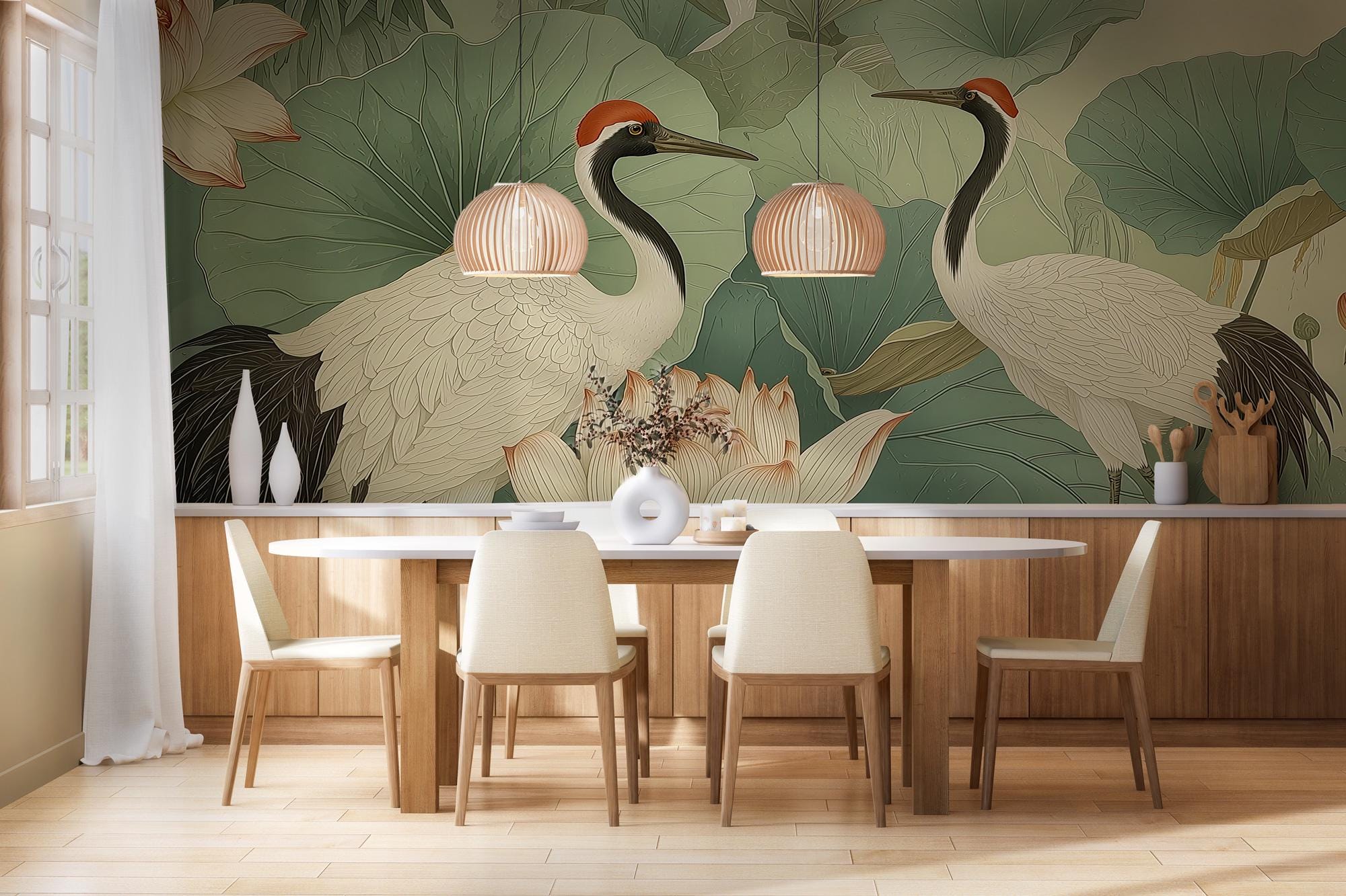 Oriental Crane and Lotus Wallpaper Mural – Elegant Botanical Asian Art - View 4