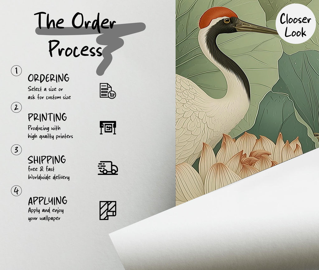 Oriental Crane and Lotus Wallpaper Mural – Elegant Botanical Asian Art - View 5