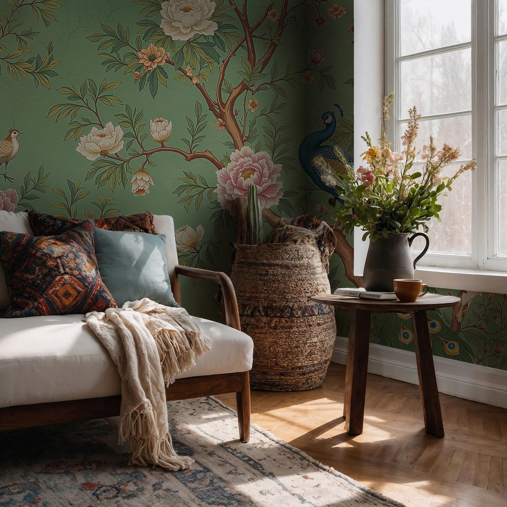 Green Chinoiserie Peacock Wallpaper Mural – Elegant Floral Bird Wall Art - View 3