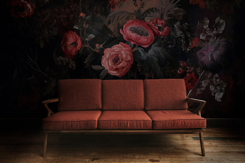 Dark Floral Wallpaper Mural – Moody Vintage Botanical Peel and Stick Wall Art - View 4