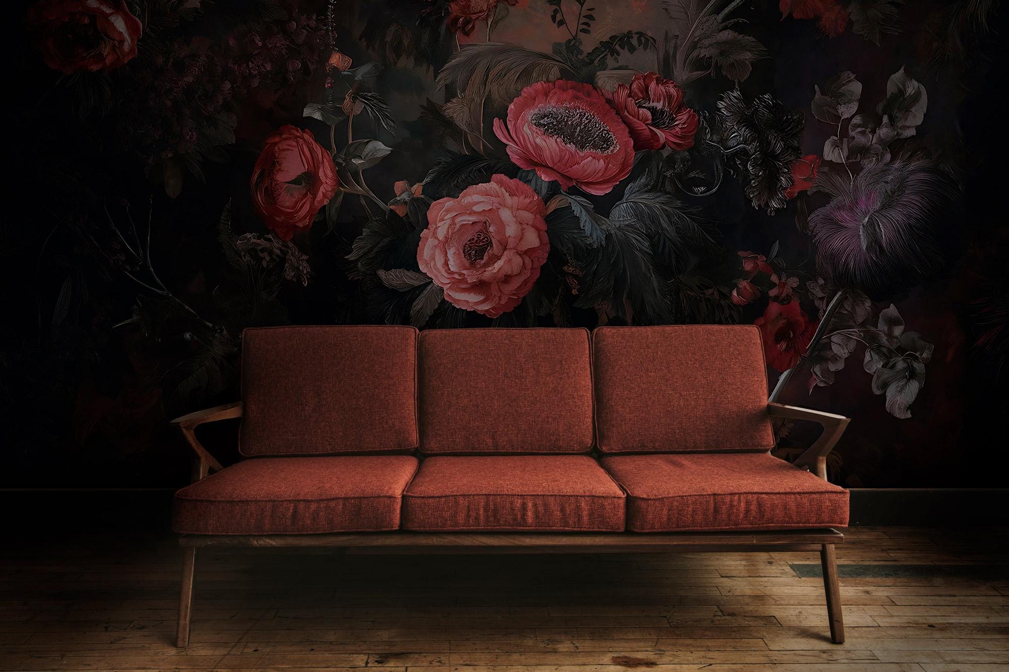 Dark Floral Wallpaper Mural – Moody Vintage Botanical Peel and Stick Wall Art - View 4