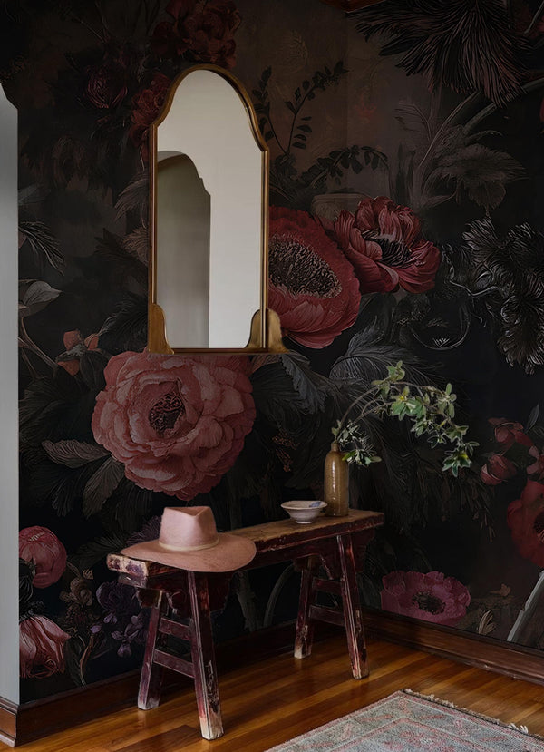 Dark Floral Wallpaper Mural – Moody Vintage Botanical Peel and Stick Wall Art